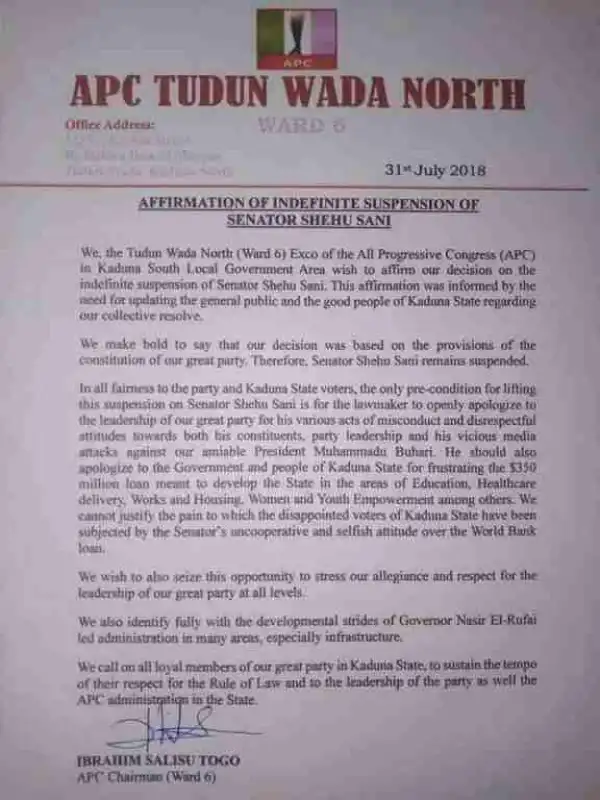 Senator Shehu Sani Suspended Indefinitely From APC, He Reacts (Photo)